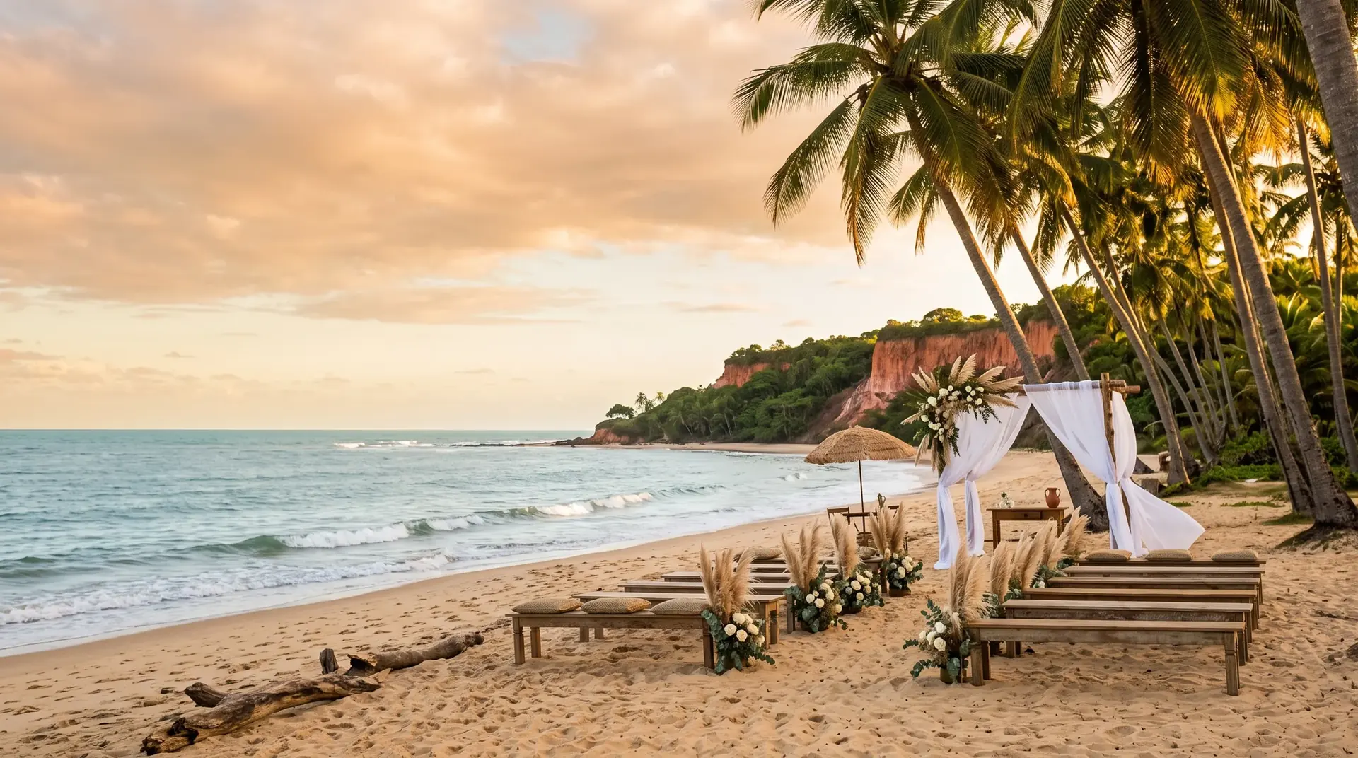 Praia de Trancoso ao entardecer, com coqueiros e o altar montado na areia